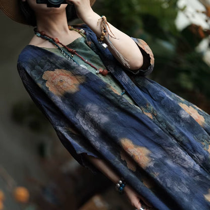 Vintage Blue Garden Cotton Long Shirt