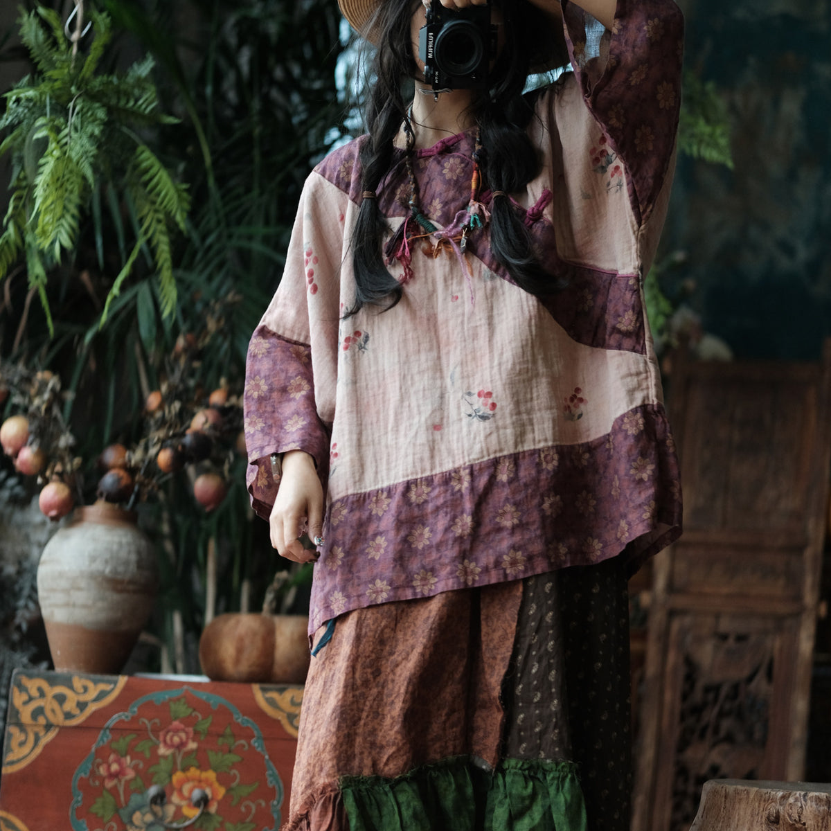 Wild Peony Cotton Batwing Blouse