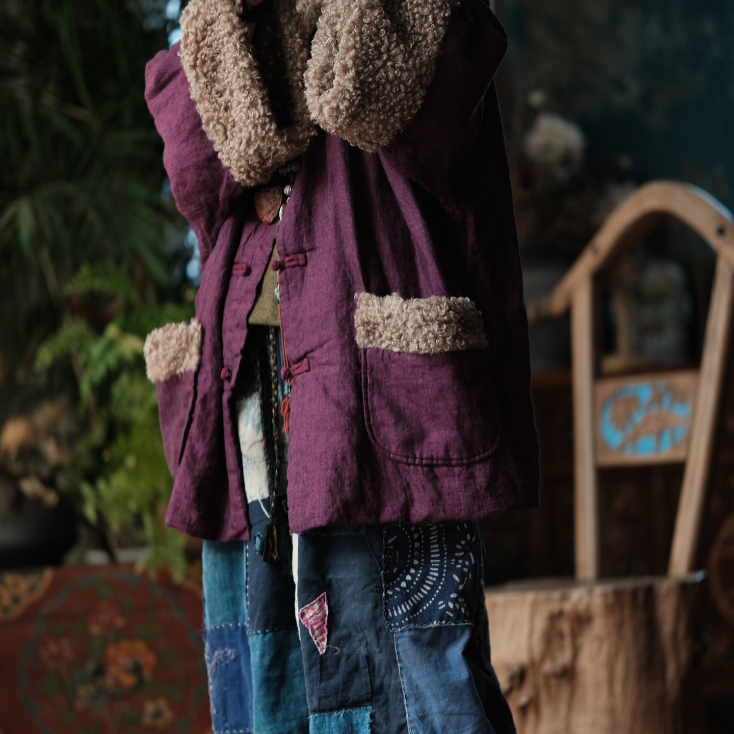 Vintage Padded Cotton Linen Jacket – Faux Fur Trim, Oversized Buttoned Coat