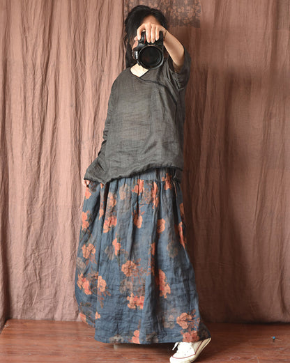 Vintage Bloom Maxi Skirt — Navy close-up, floral linen print detail