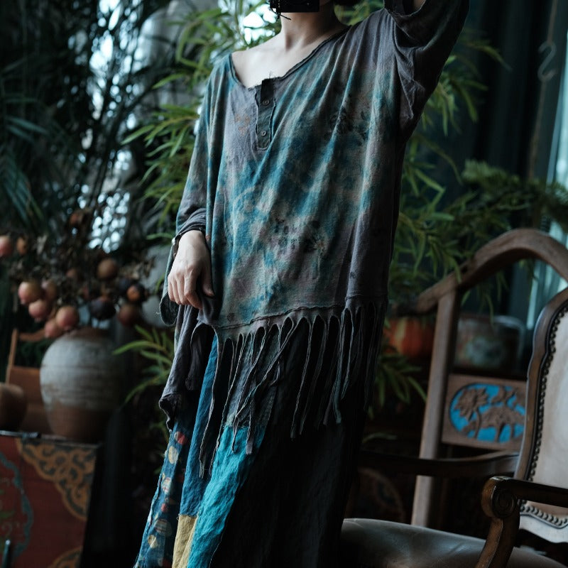 Indigo Fish Print Ramie Maxi Skirt