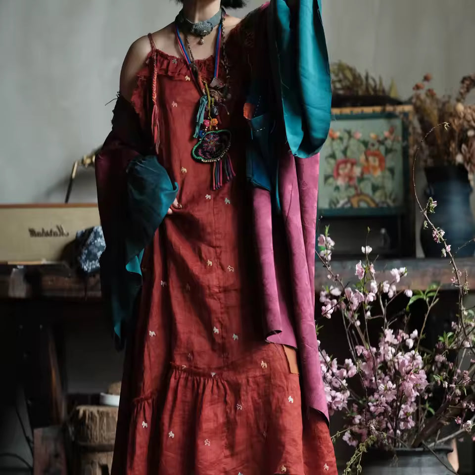 Crimson Garden Embroidered Linen Dress