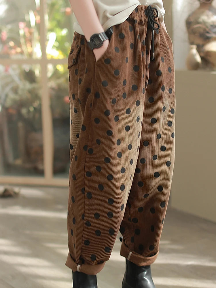 Dot Cozy Corduroy Pants – Polka Dot, Elastic Waist, Ankle Length