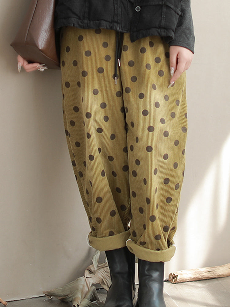 Dot Cozy Corduroy Pants – Polka Dot, Elastic Waist, Ankle Length