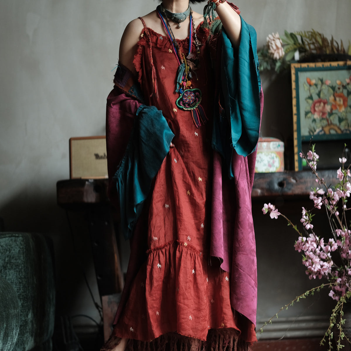 Crimson Garden Embroidered Linen Dress