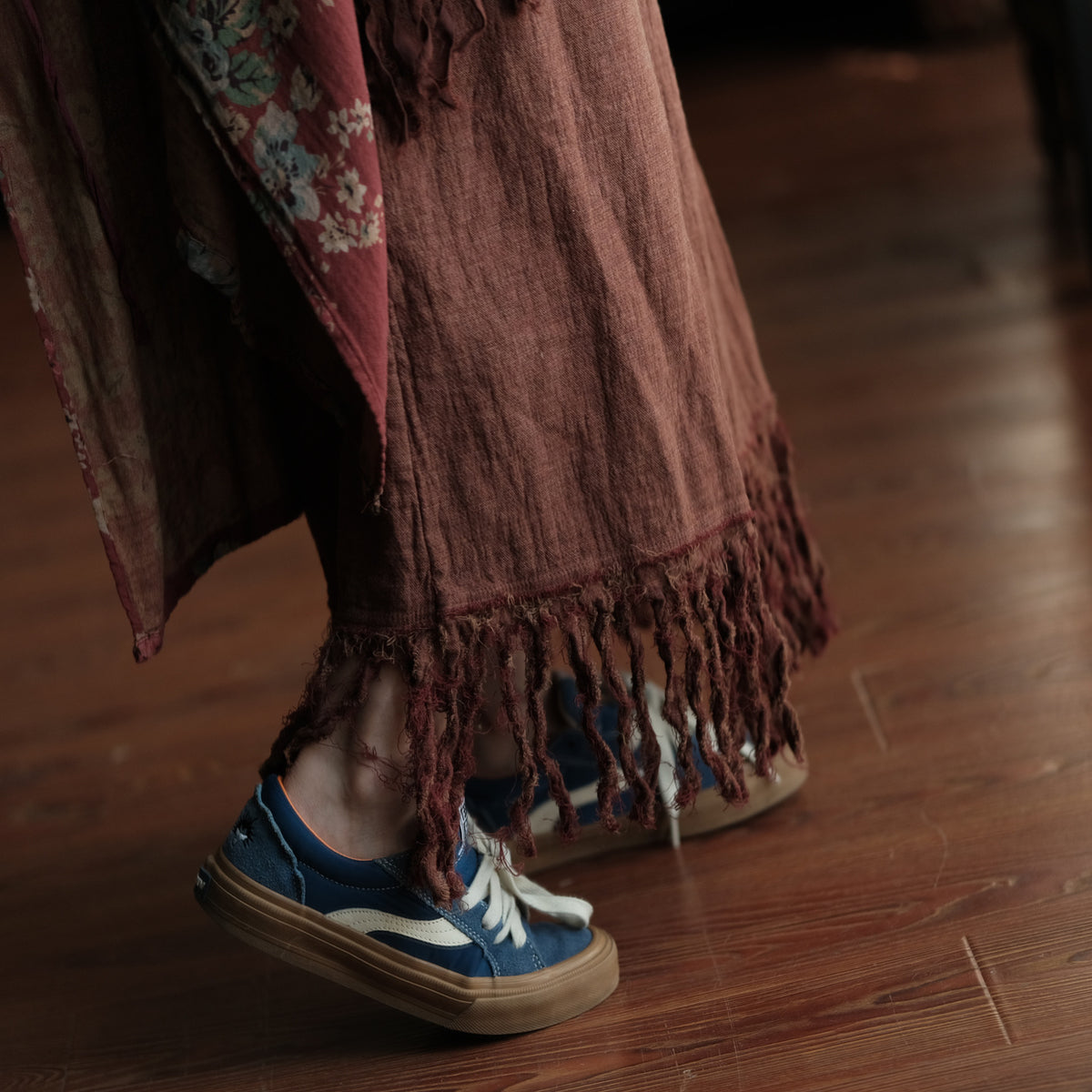 Terracotta Nomad Fringe Cotton-Linen Midi Skirt