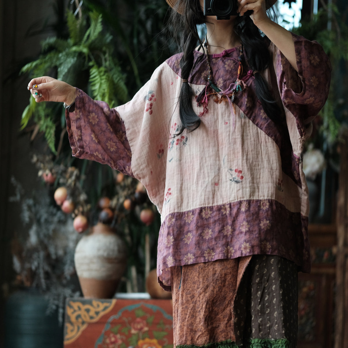 Wild Peony Cotton Batwing Blouse