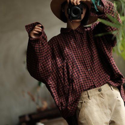 Vintage Plaid Linen Shirt - Oversized Boho Style