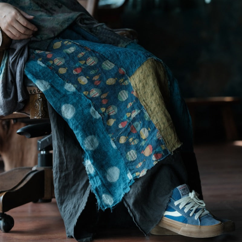 Indigo Fish Print Ramie Maxi Skirt