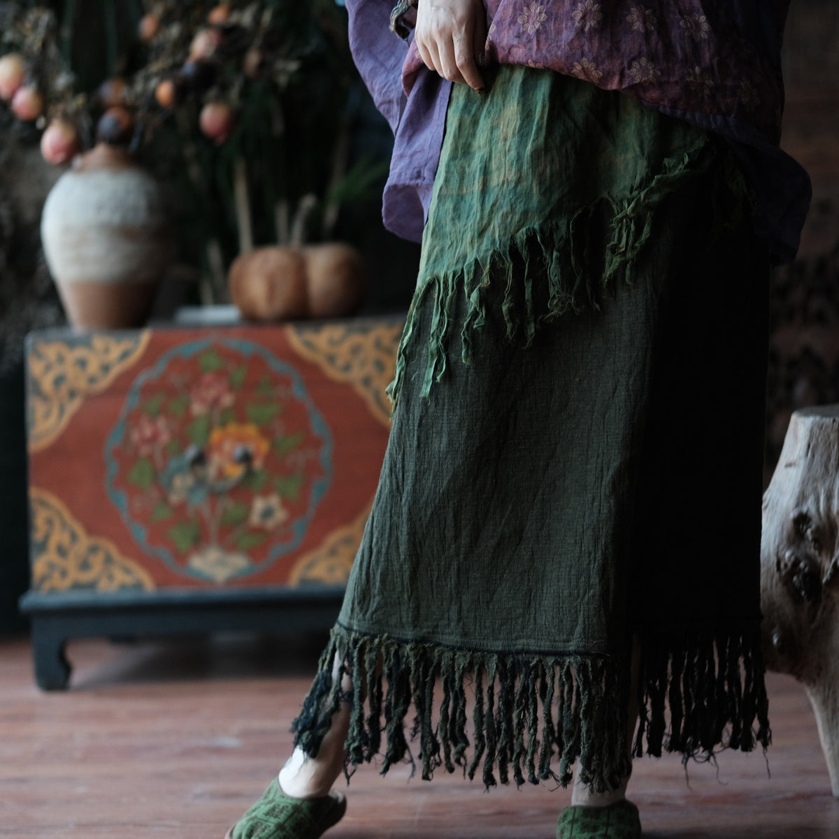 Charcoal Moss Nomad Fringe Cotton-Linen Midi Skirt