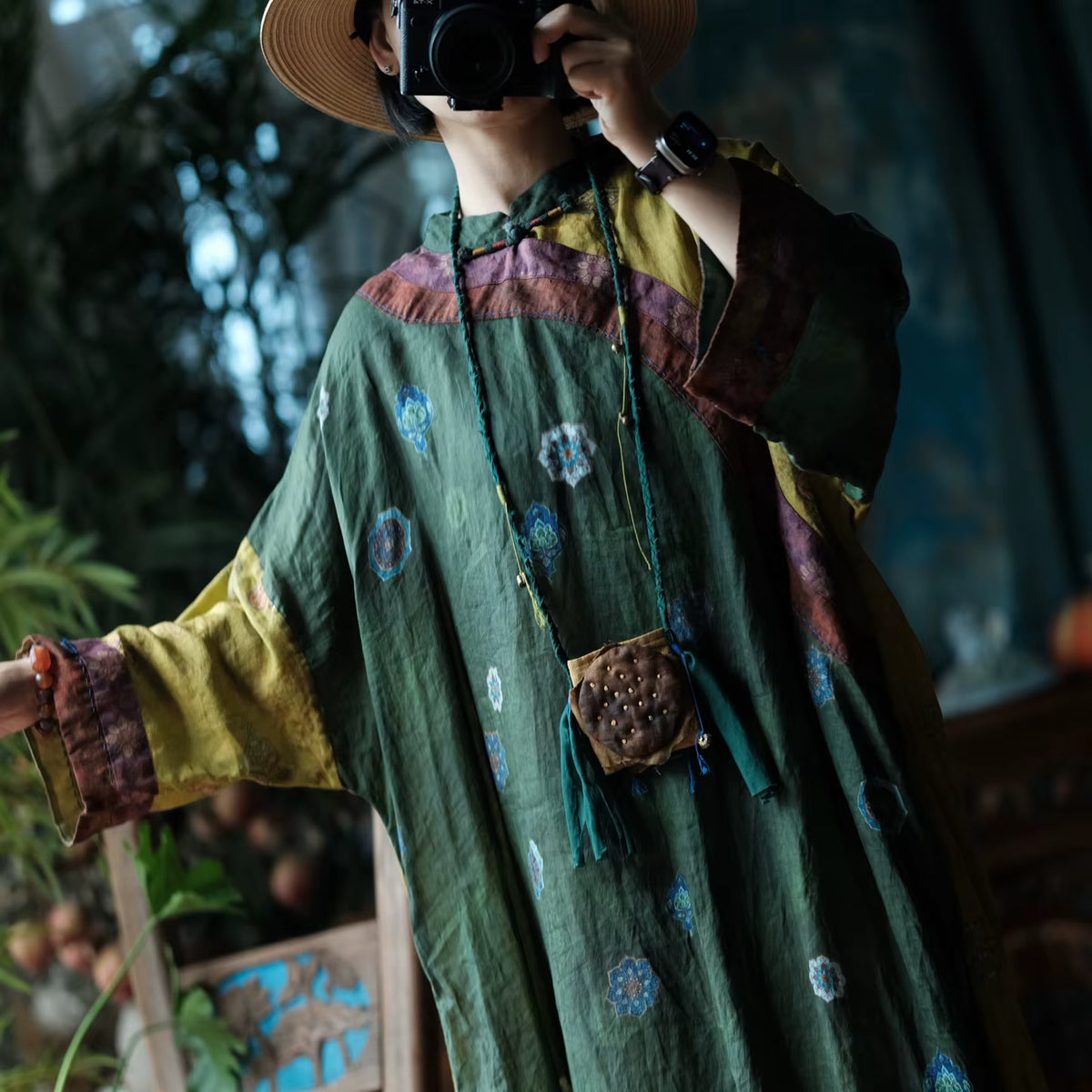 Verdant Mosaic Patchwork Ramie Dress