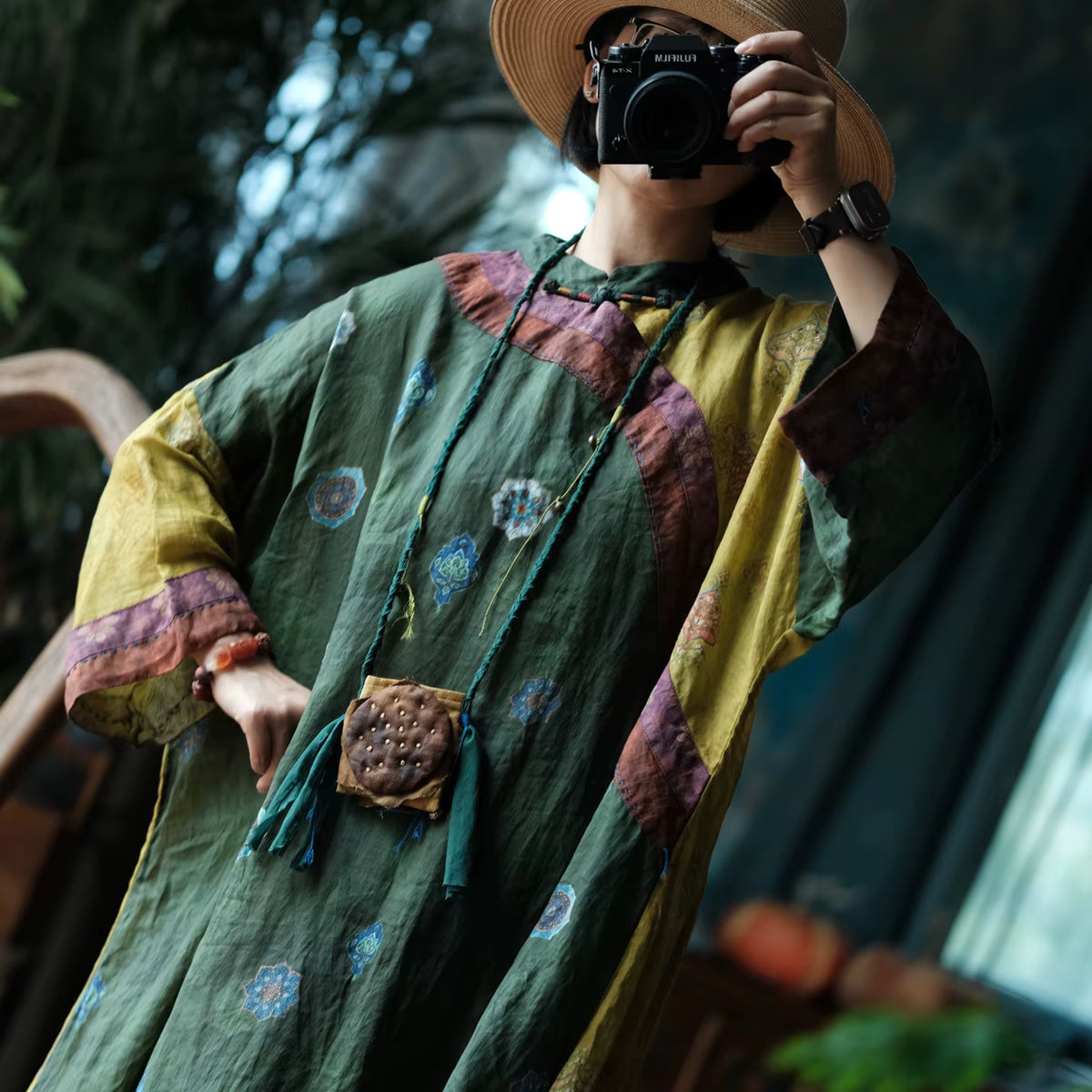 Verdant Mosaic Patchwork Ramie Dress