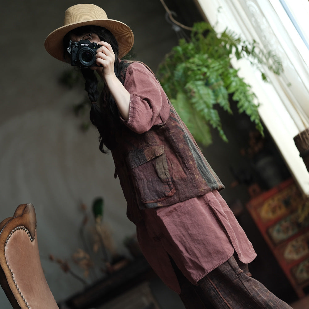Gilet bohème en lin à poches
