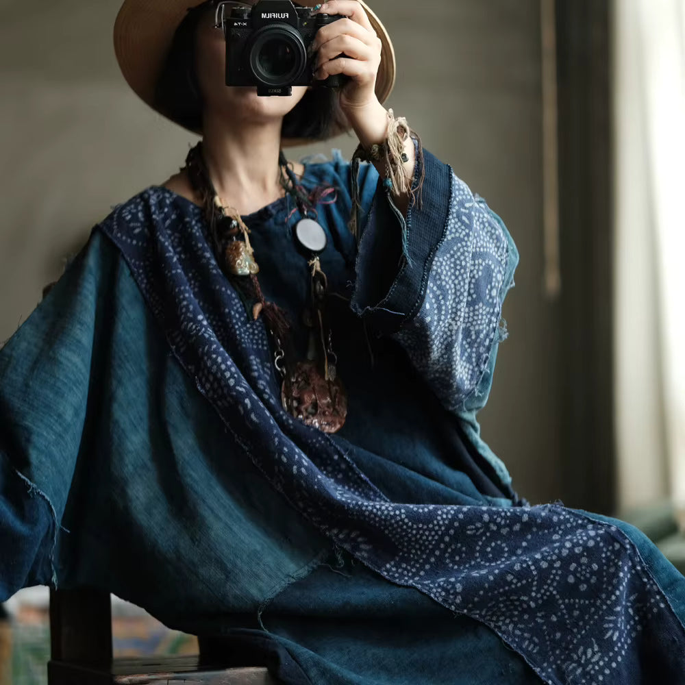 Vintage Blue Garden Patchwork Cotton Dress