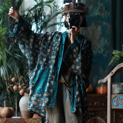 Indigo Fish Print Ramie Kimono