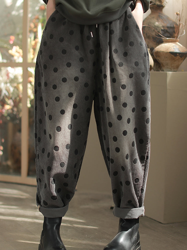 Dot Cozy Corduroy Pants – Polka Dot, Elastic Waist, Ankle Length