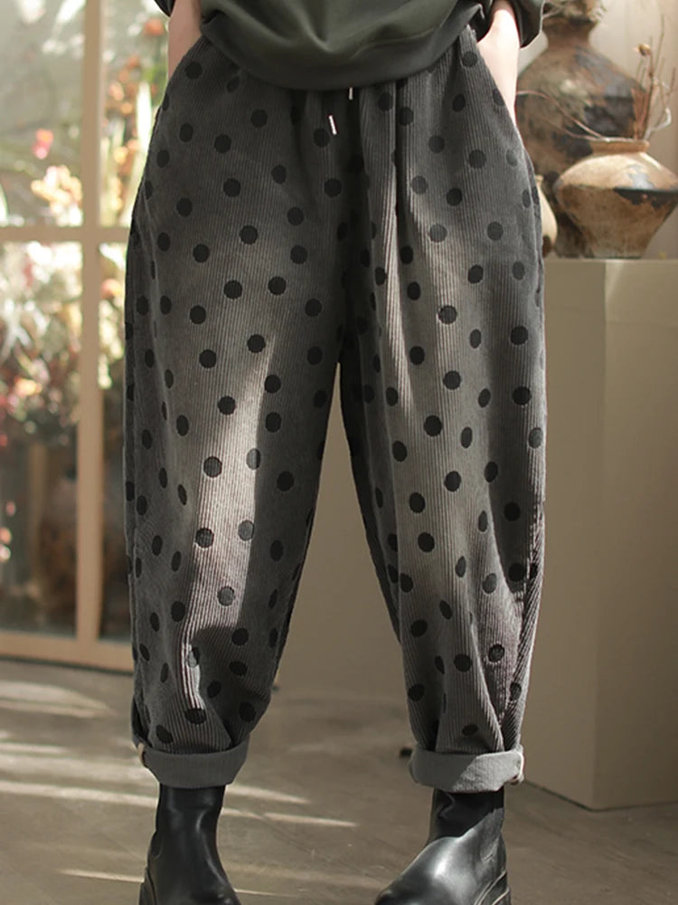 Dot Cozy Corduroy Pants – Polka Dot, Elastic Waist, Ankle Length