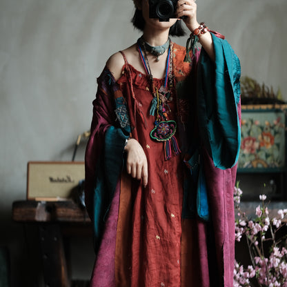 Crimson Garden Embroidered Linen Dress