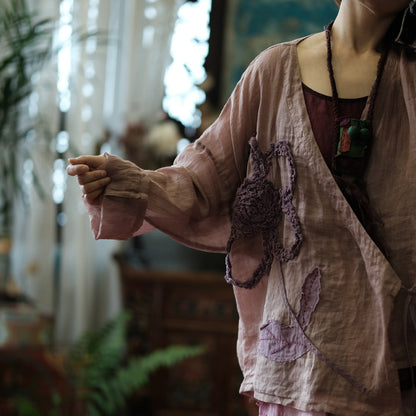 Vintage Floral Ramie Blouse worn with wide-leg linen trousers
