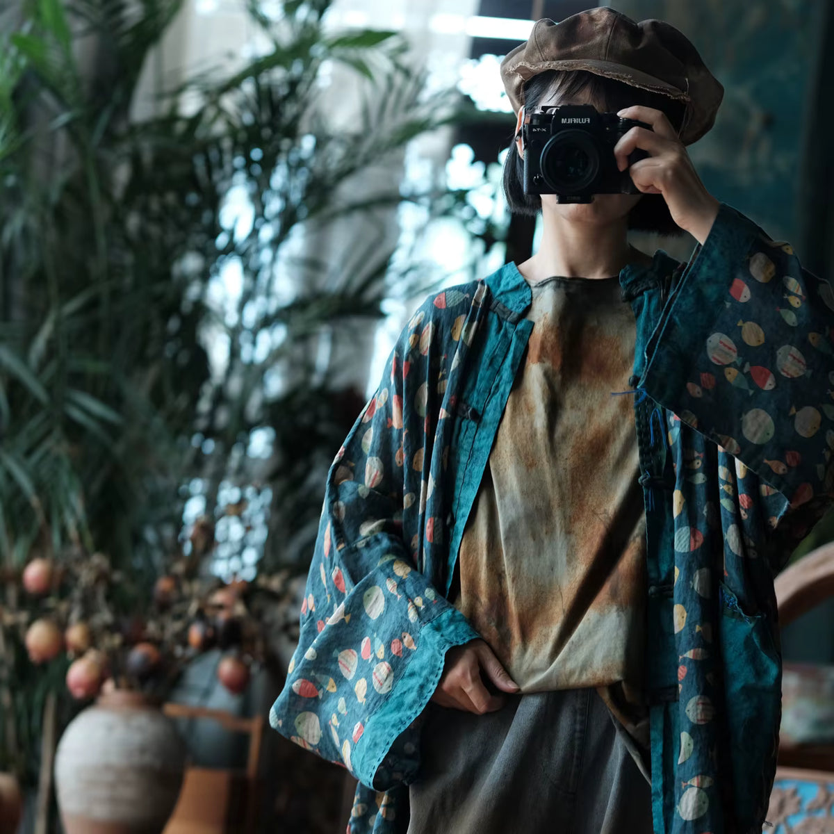 Indigo Fish Print Ramie Kimono