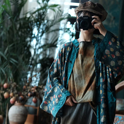 Indigo Fish Print Ramie Kimono