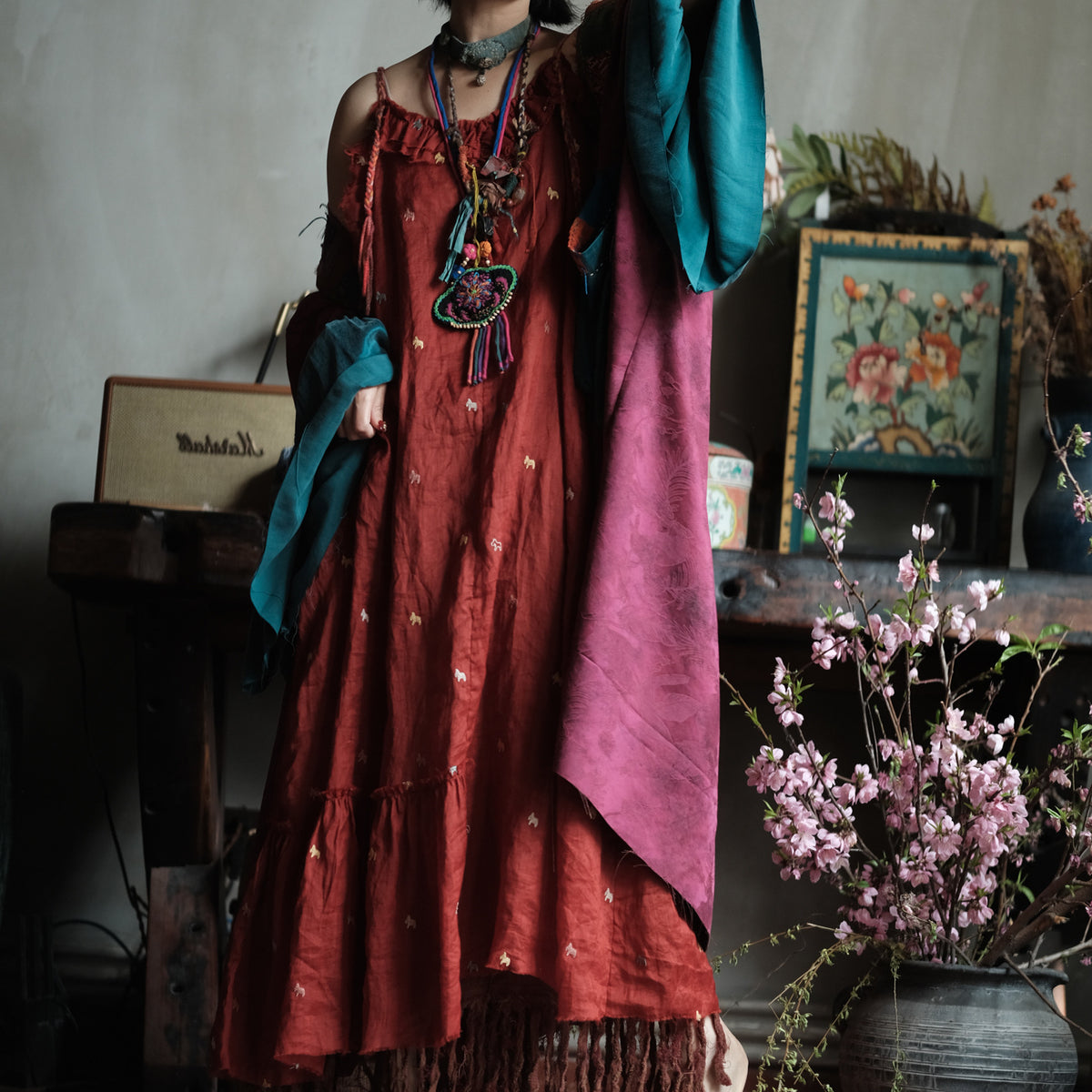 Crimson Garden Embroidered Linen Dress