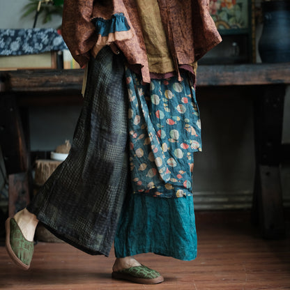 Vintage Fish Print Ramie Wide Leg Pants