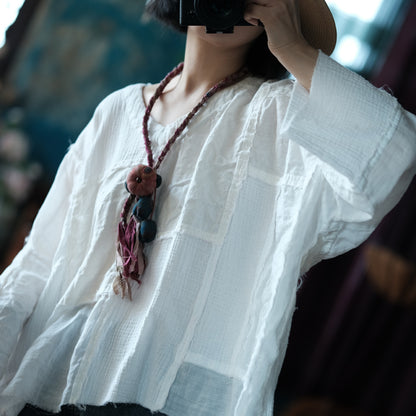 Vintage Patchwork V-Neck Blouse