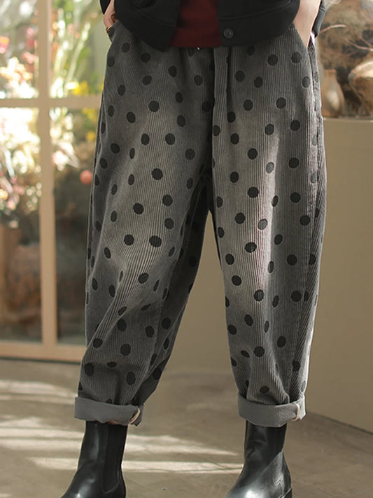 Dot Cozy Corduroy Pants – Polka Dot, Elastic Waist, Ankle Length