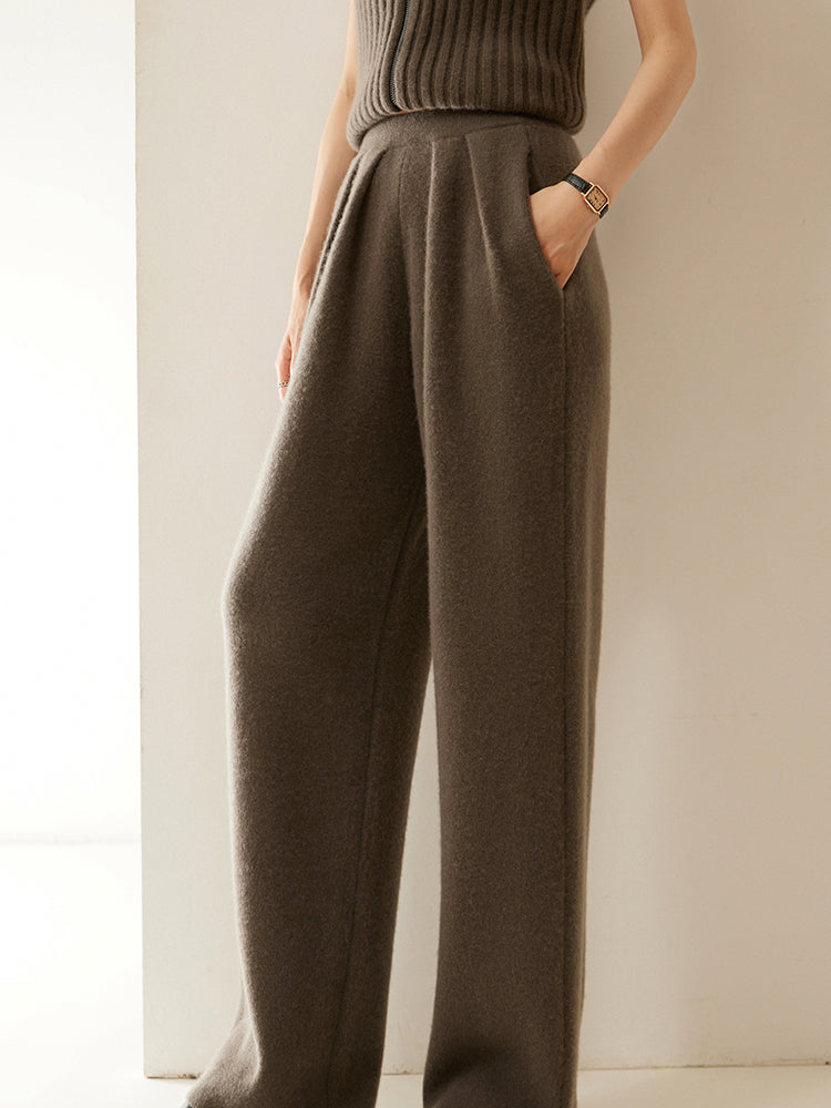 Cashmere Wool Wide-Leg Pile Detail Trousers