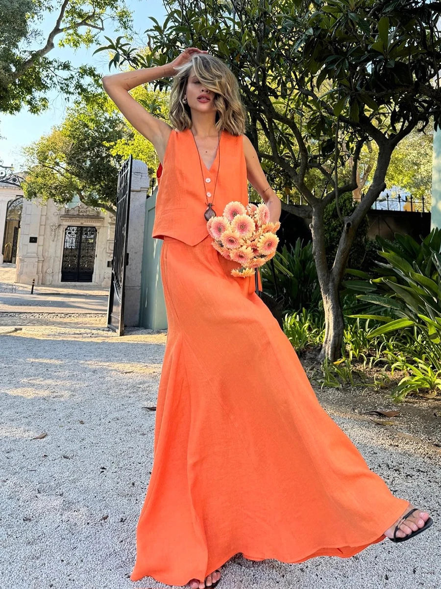 Conjunto de chaleco y falda de lino con estampado de puesta de sol