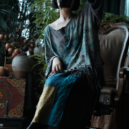 Indigo Fish Print Ramie Maxi Skirt