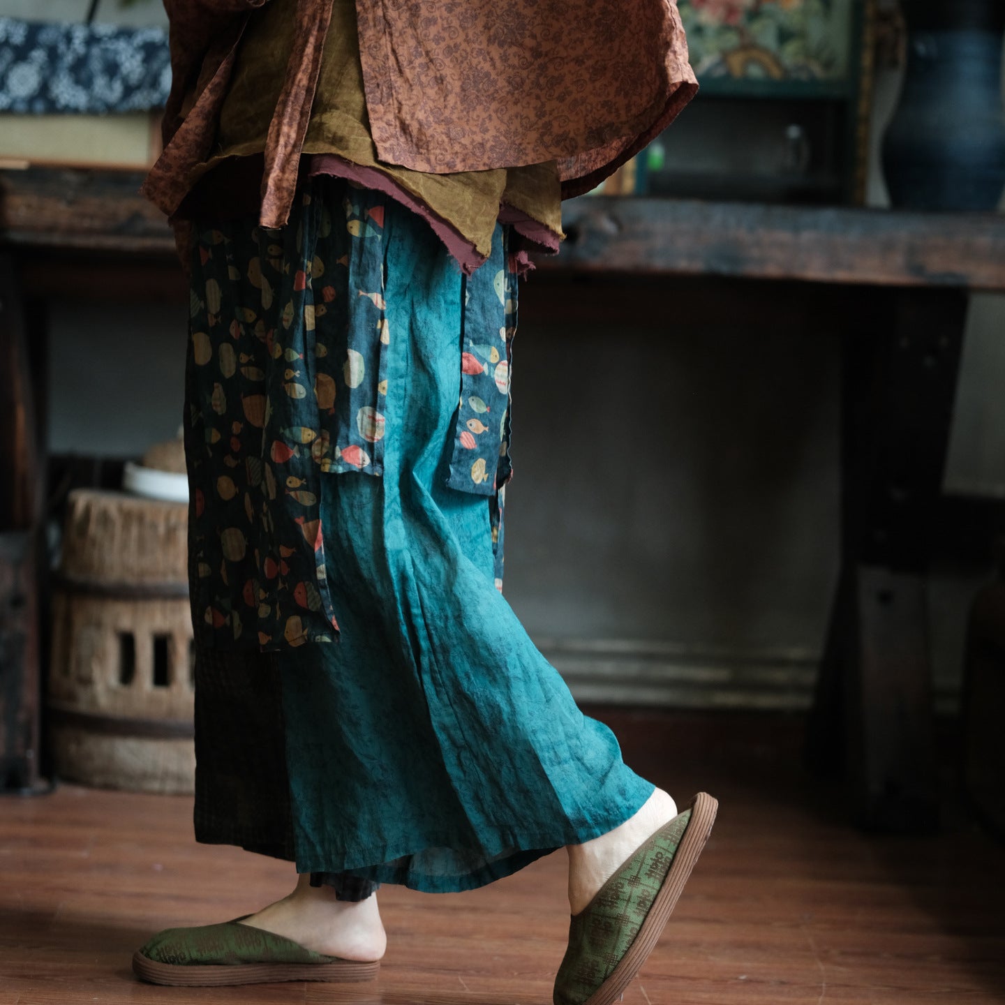 Vintage Fish Print Ramie Wide Leg Pants