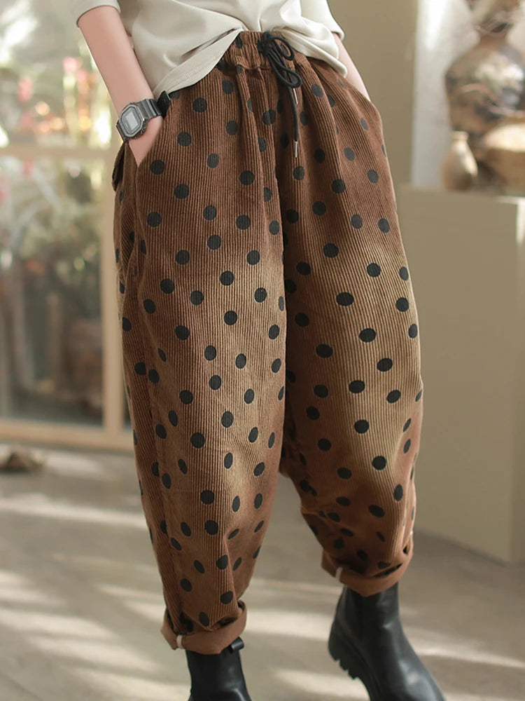 Dot Cozy Corduroy Pants – Polka Dot, Elastic Waist, Ankle Length