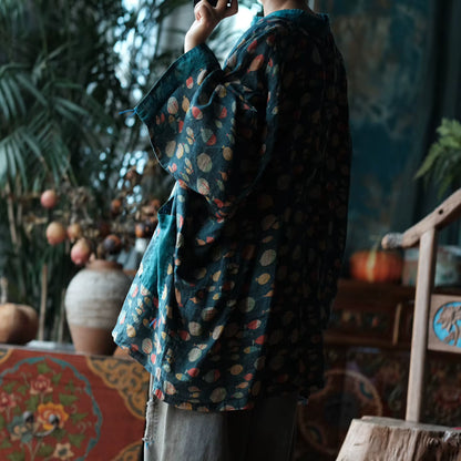 Indigo Fish Print Ramie Kimono