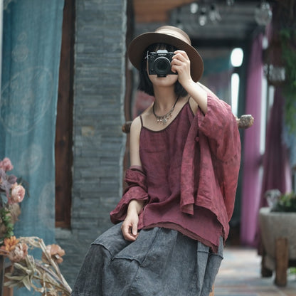 Vintage Bloom Strappy Linen Blouse