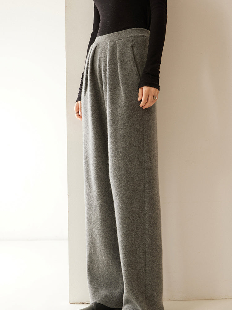 Cashmere Wool Wide-Leg Pile Detail Trousers