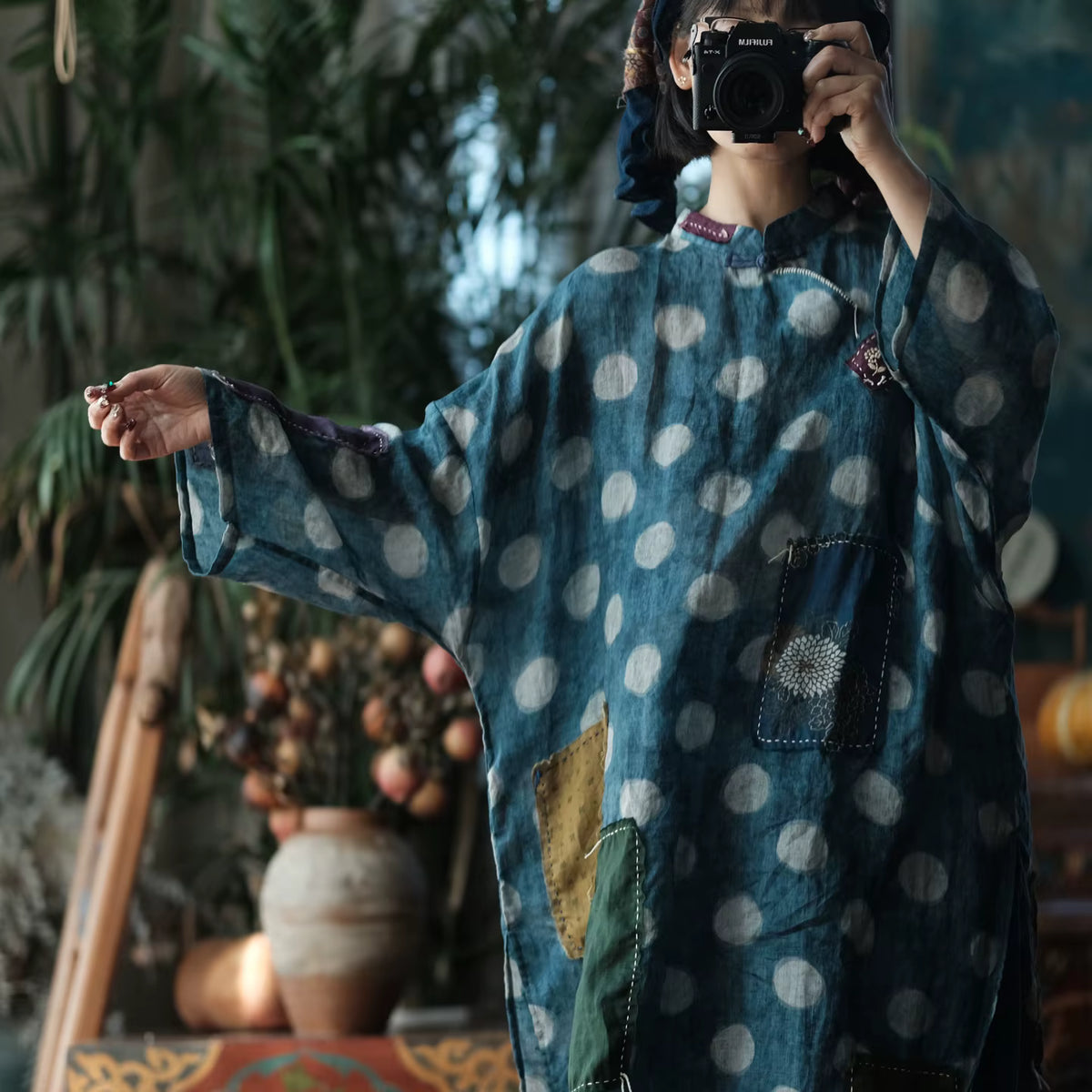 Sora Vintage Blue Dot Ramie Dress