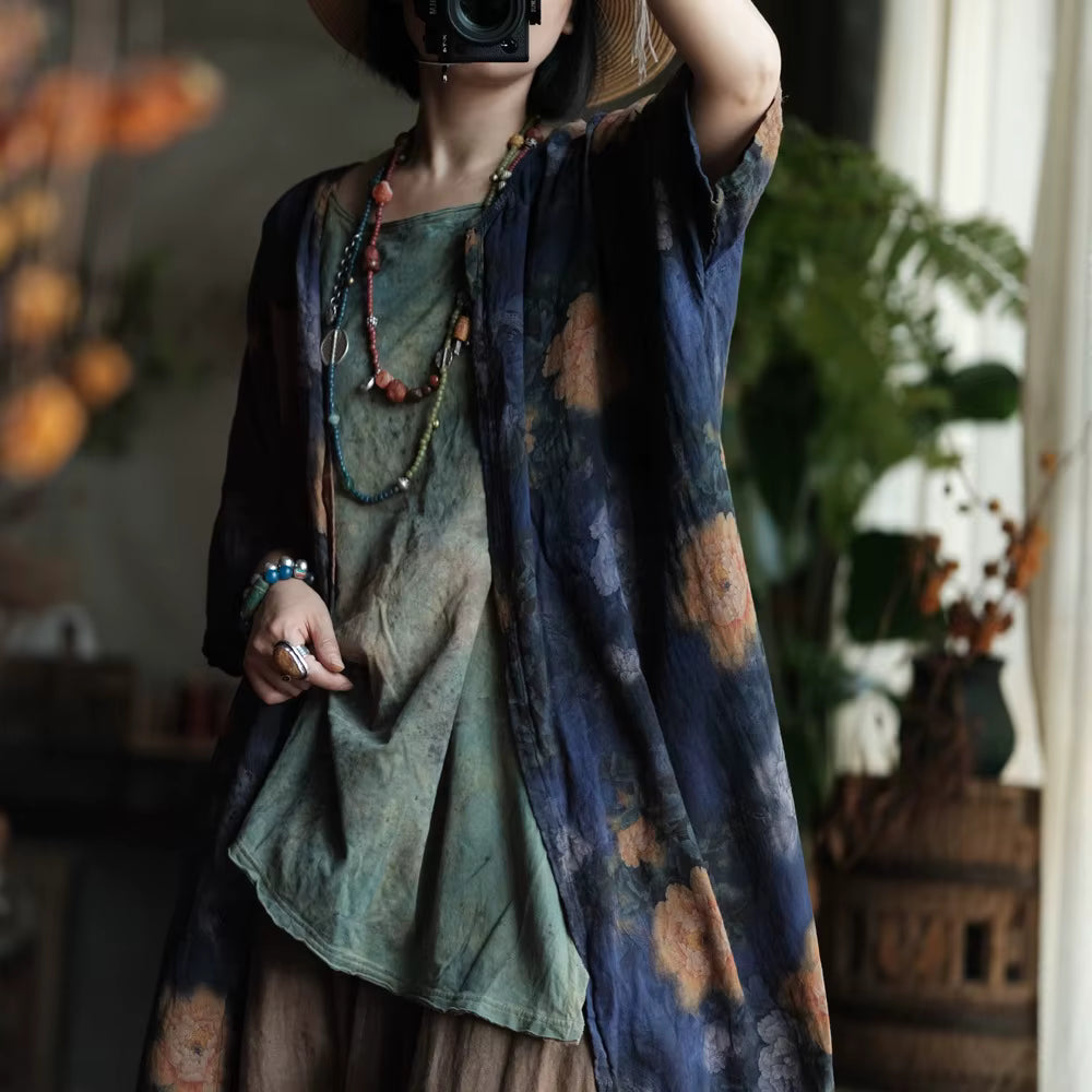 Vintage Blue Garden Cotton Long Shirt