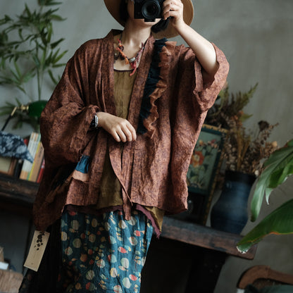 Vintage Fish Print Ramie Wide Leg Pants