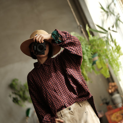 Vintage Plaid Linen Shirt - Oversized Boho Style