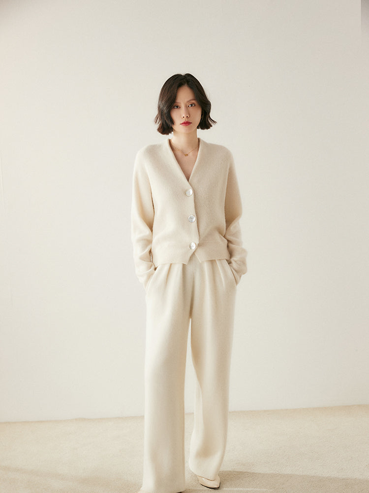 Cashmere Wool Wide-Leg Pile Detail Trousers