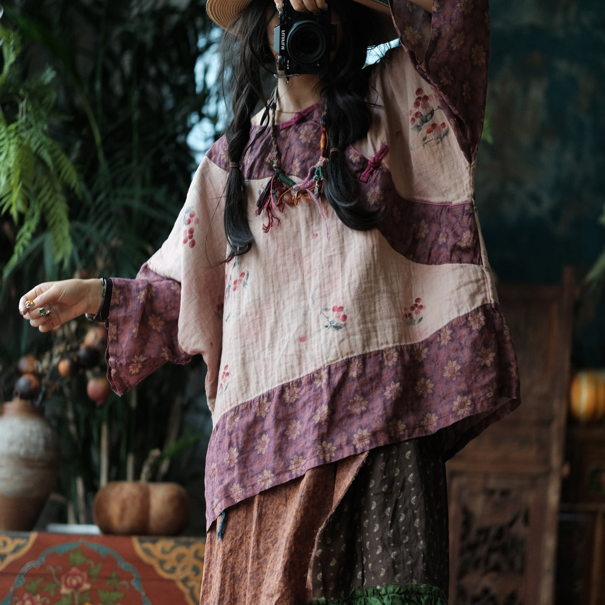 Wild Peony Cotton Batwing Blouse