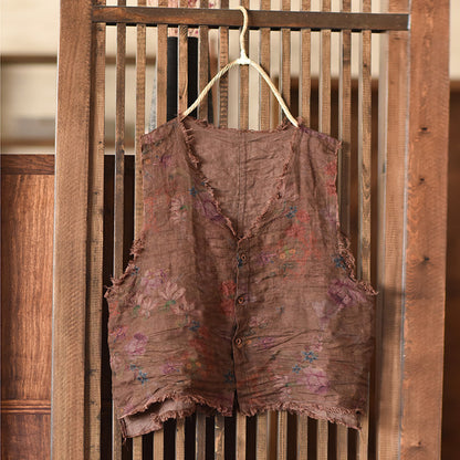 Vintage Patterned Ramie Sleeveless Blouse