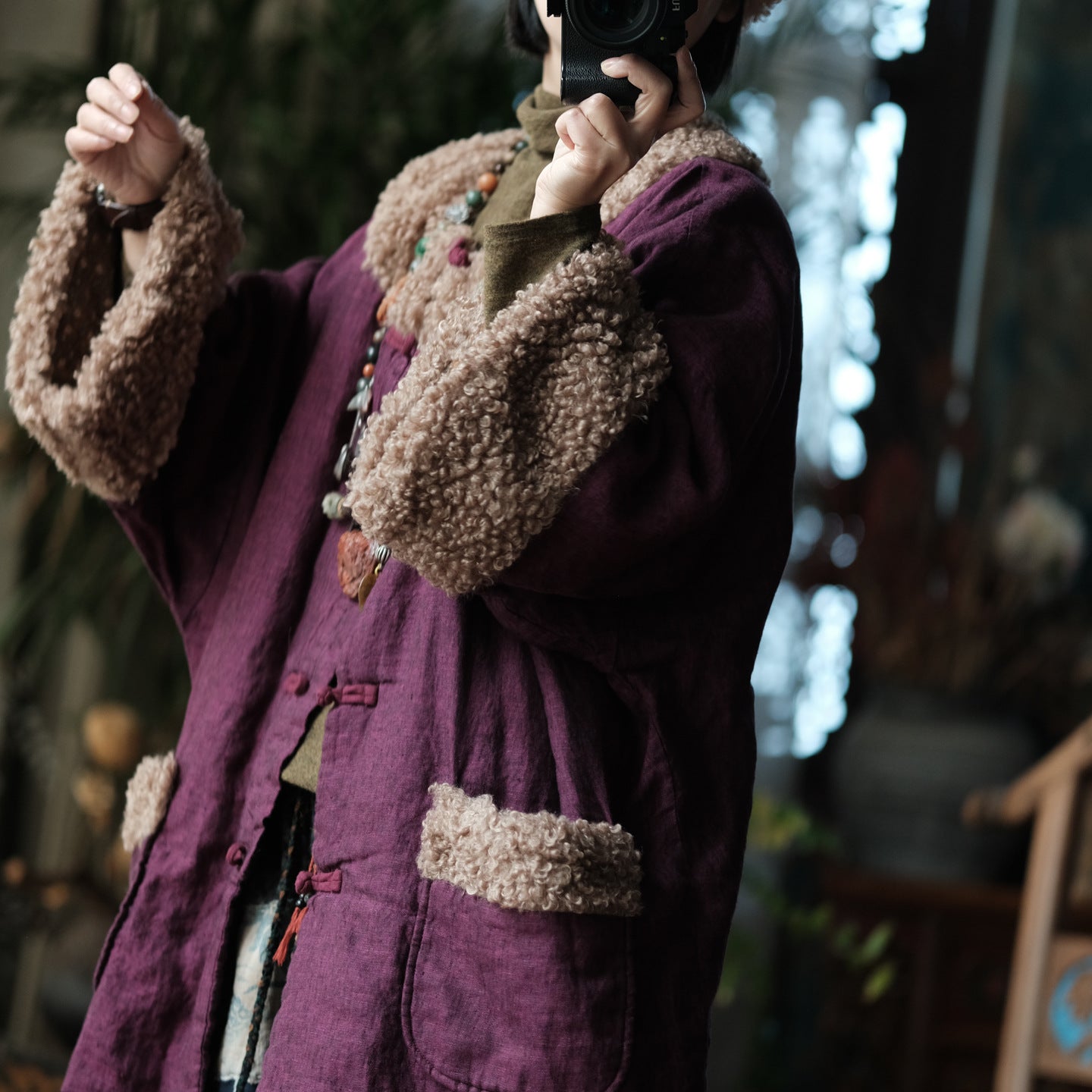 Vintage Padded Cotton Linen Jacket – Faux Fur Trim, Oversized Buttoned Coat