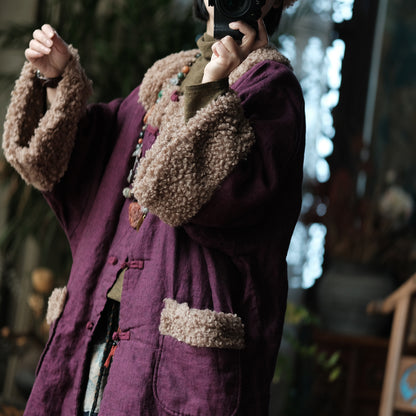 Vintage Padded Cotton Linen Jacket – Faux Fur Trim, Oversized Buttoned Coat