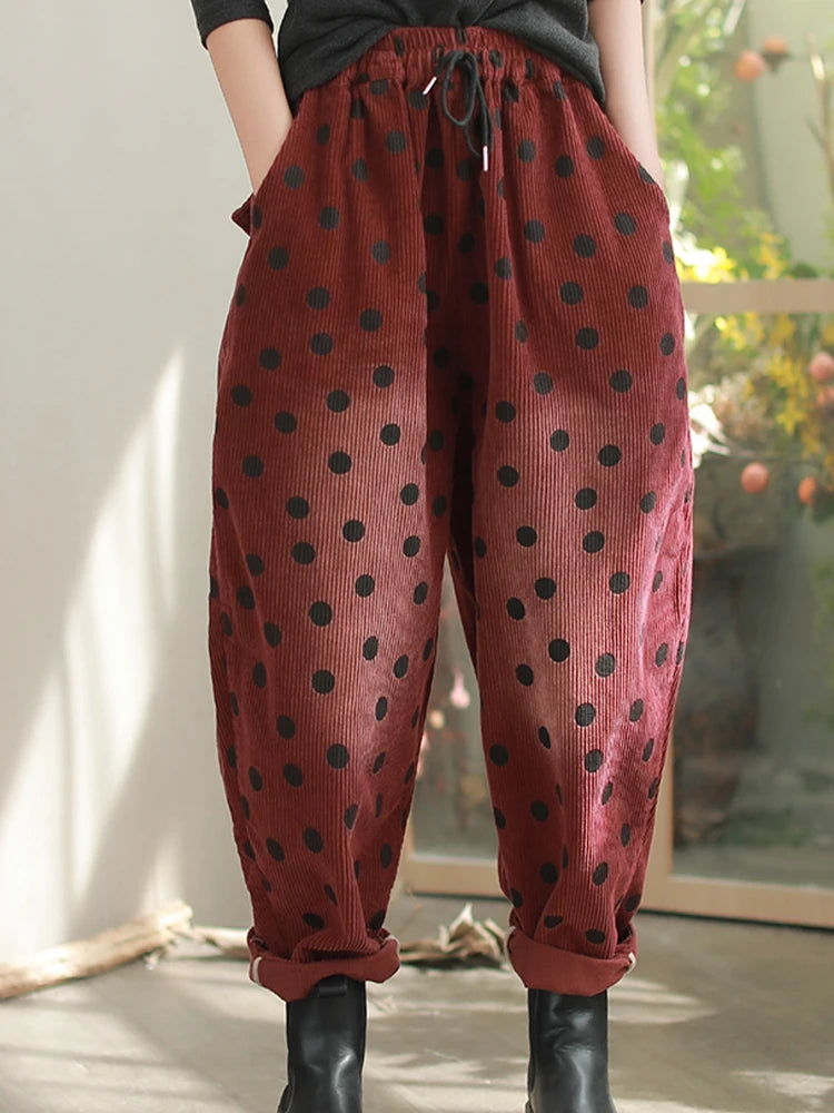 Dot Cozy Corduroy Pants – Polka Dot, Elastic Waist, Ankle Length