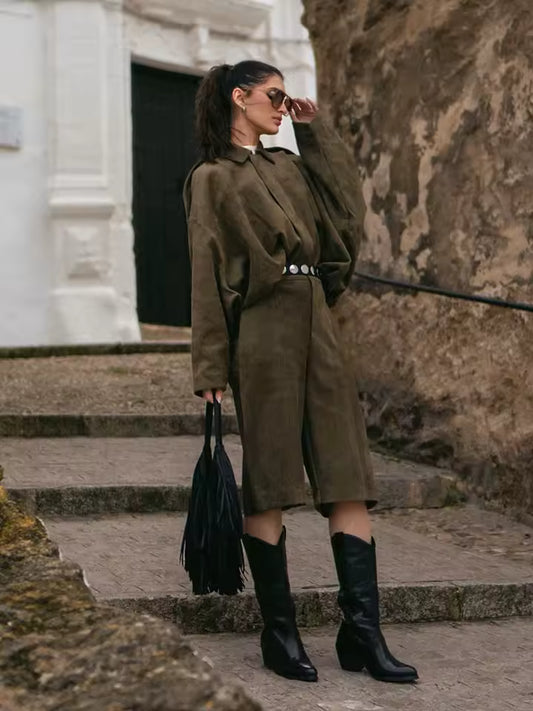 Suede Long Sleeve Lapel Jacket & High-Waist Shorts for Women | 2025 Vintage Streetwear Style