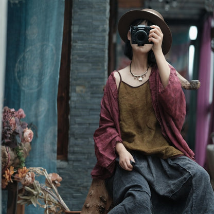 Vintage Bloom Strappy Linen Blouse
