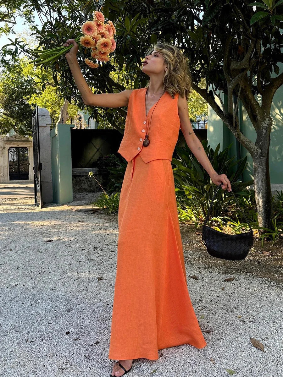 Conjunto de chaleco y falda de lino con estampado de puesta de sol